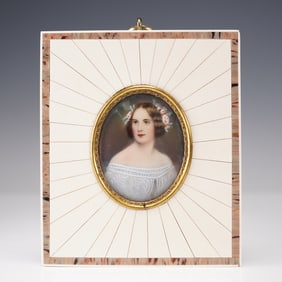 Vintage Hand Painted Portrait Miniature Jenny Lind in Decorative Bone Frame