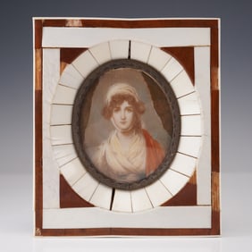 Vintage Hand Painted Portrait Miniature Lady in Decorative Bone Frame