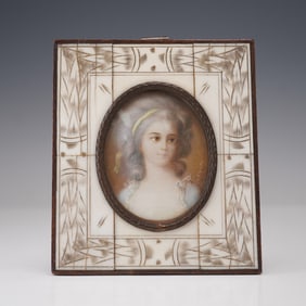 Vintage Hand Painted Portrait Miniature Young Lady in Mother of Pearl Frame