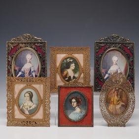 5pc Antique Miniature Portraits in Ornate Frames