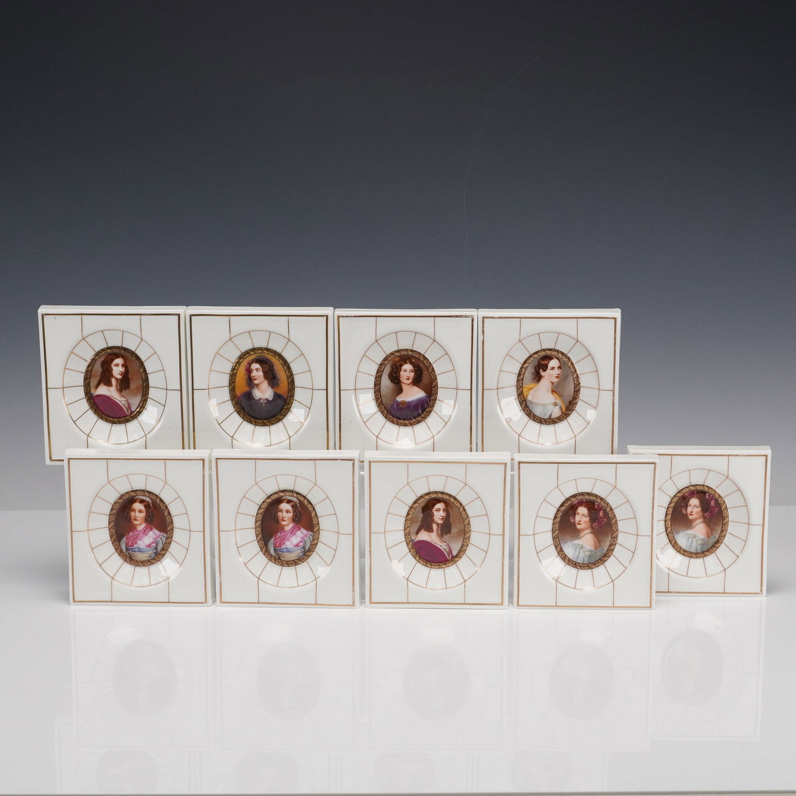 9pc Villeroy & Boch Limited Edition Galleria Ceramica Portrait Plaques: A set of nine porcelain portrait plaques by Villeroy & Boch, each from the limited edition Galleria Ceramica series, produced by Heinrich of Germany. Each square form plaque features a central oval po