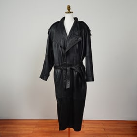 Black IOU Leather Trench Coat with Belt