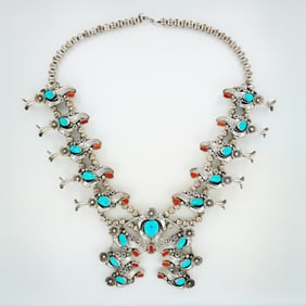 Navajo Squash Blossom Sterling Silver Necklace with Turquoise and Coral
