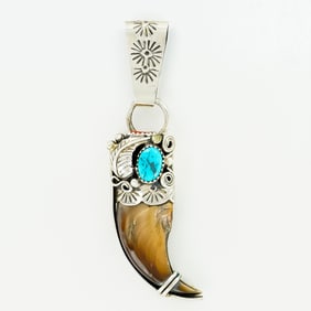 Navajo Sterling Silver Bear Claw Pendant with Turquoise and Coral