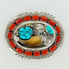 J.W. Toadlena Navajo Sterling Silver, Turquoise, and Coral Belt Buckle