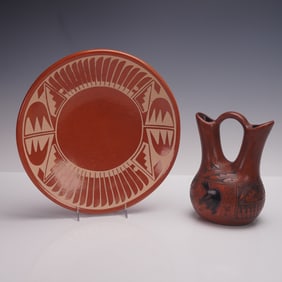 2pc Helen Gutierrez San Ildefonso Pueblo Bowl and Little Navajo Vase