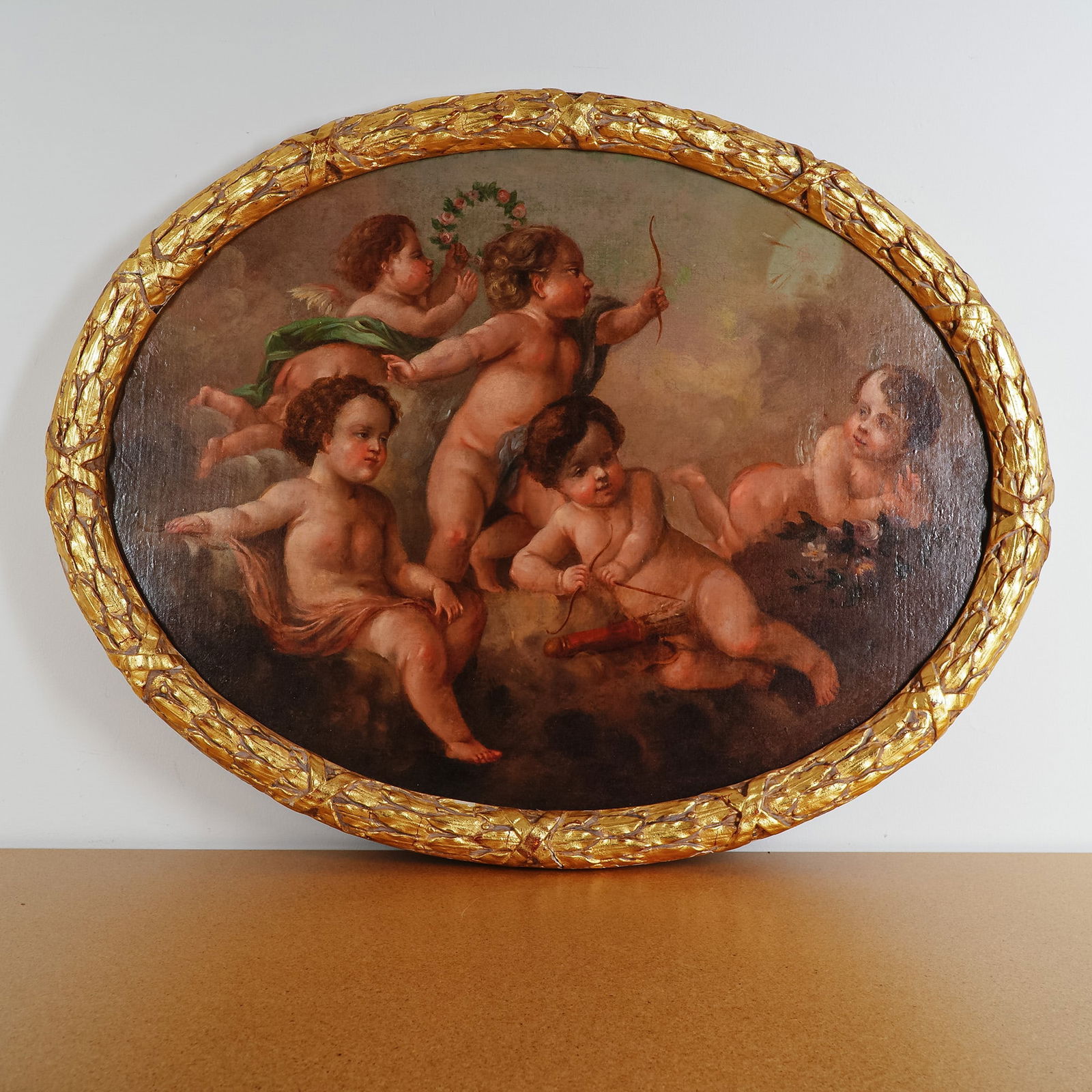 19th Century French School Oil on Canvas Putti Cherubs in Oval Gilded Frame (1 of 5)