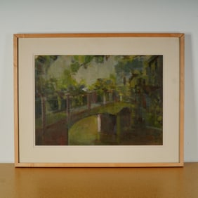 Original Oil on Board Painting, Bridge Over Water, Signed