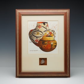 Michael McCullough Acoma Watercolor on Paper with Pottery Shard