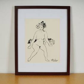 After Ernst Ludwig Kirchner, Ink & Pen Drawing on Print Paper, Nude, Signed