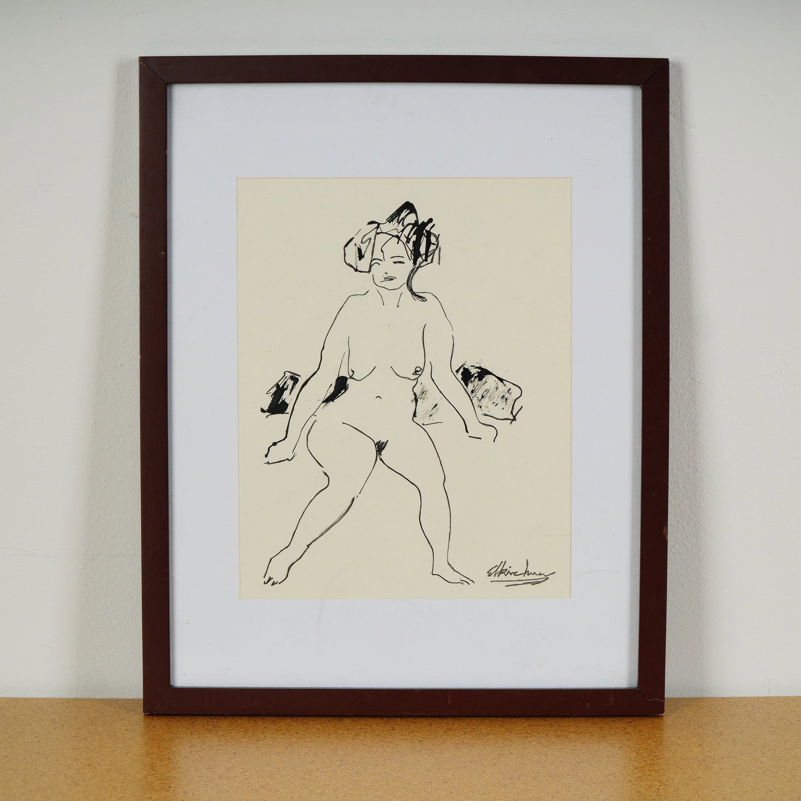 After Ernst Ludwig Kirchner, Ink & Pen Drawing on Print Paper, Nude, Signed: Ink and pencil drawing on print paper after German Expressionist master Ernst Ludwig Kirchner. The work depicts a nude female figure, identified as Dodo, one of Kirchner's frequent models and companio