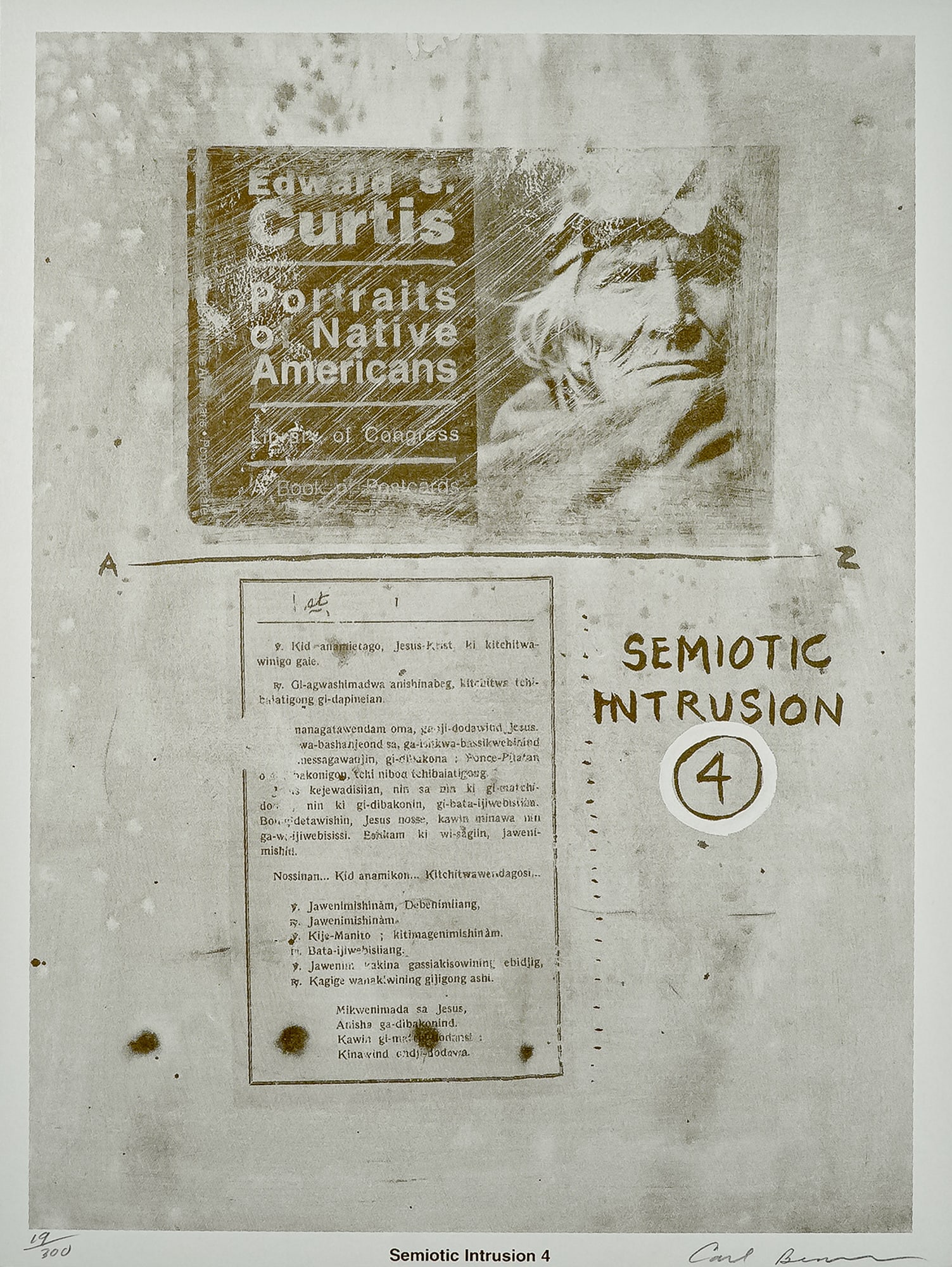 Carl Beam, Lithograph on Paper, Semiotic Intrusion 4, Signed & Numbered: A powerful limited edition lithograph by Carl Beam, titled Semiotic Intrusion 4. Beam, celebrated as one of the first contemporary Indigenous artists to be included in the collection of the National G