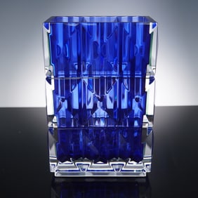 Baccarat Crystal Blue Louxor Rectangular Vase with Original Box
