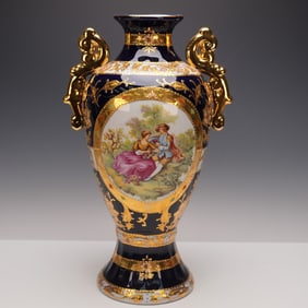 European Design Cobalt & Gilt Porcelain Vase with Fragonard Courting Scene