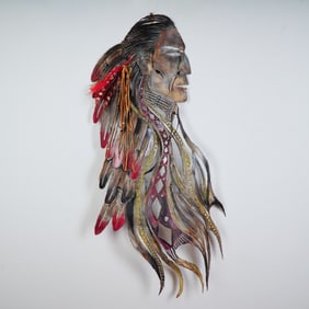 Unique Hand-Cut Polychrome Wall Relief, Walking Hawk Owl Raven