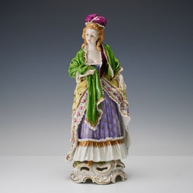 Porcelain Rococo Style Figurine, Lady in Colorful Dress