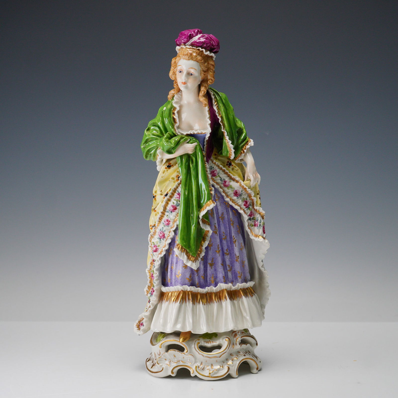 Porcelain Rococo Style Figurine, Lady in Colorful Dress (1 of 7)