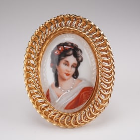 Oval Gold Tone Brooch Hand Embellished Ceramic Portrait