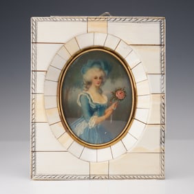 Antique Miniature Portrait of a 18th Century Lady, Bone Frame