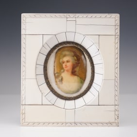 Antique Miniature Portrait of a Young Lady, Bone Frame