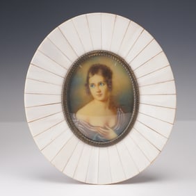 Continental Miniature Portrait of a Lady in Round Bone Frame