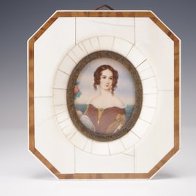Vintage Hand Painted Portrait Miniature Lady in Decorative Bone Frame