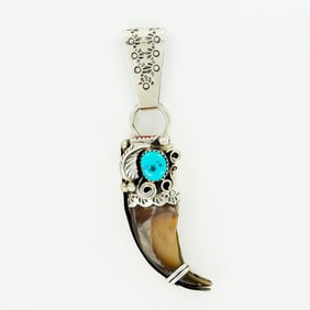 Navajo Sterling Silver Pendant, Bear Claw with Turquoise and Coral