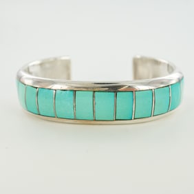 Navajo Sterling Silver and Turquoise Inlay Cuff Bracelet