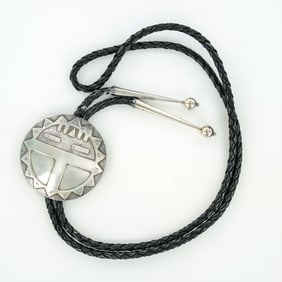 Navajo Sterling Silver and Leather Bolo Tie with Geometric Design