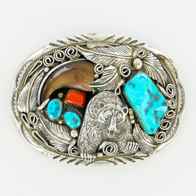 M. Thomas Jr. Navajo Sterling Silver, Turquoise, and Bear Claw Belt Buckle