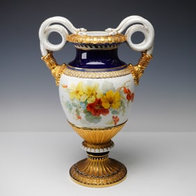 Meissen Hand Painted Porcelain Cobalt Snake Handle Vase w/ Flowers Bouquet