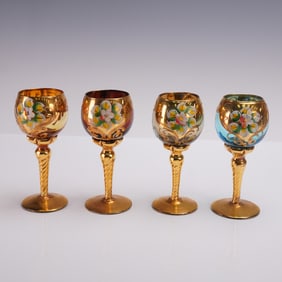 4pc Bohemian Glass Cordials, Hand Painted Enamel and Gilt