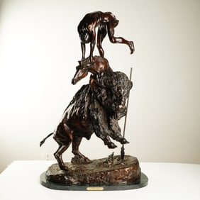 Frederic Remington (Aft.) Bronze on Marble Base, Buffalo Horse, Signed