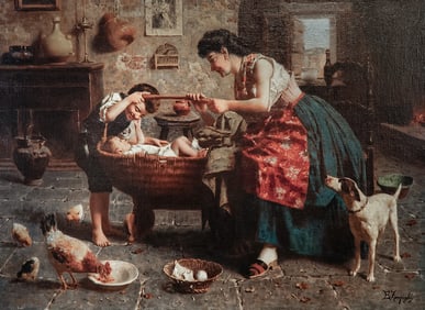 Eugenio Eduardo Zamighi, Oil Painting on Canvas Italian Genre Scene, Signed