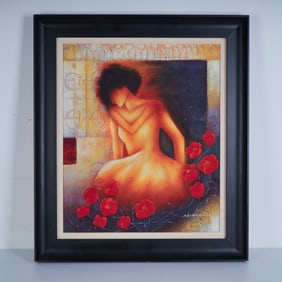 M. Harold, Original Acrylic on Canvas, Nude with Red Poppies, Signed