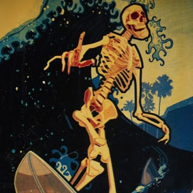 Skimboard Art of Skeleton Ghost Rider Still Riding The Waves