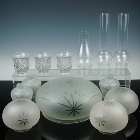 13pc Vintage Frosted and Pressed Glass Lamp Shades, Globes, and Chimneys