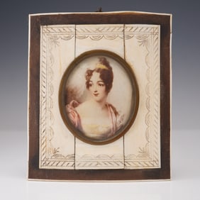 Antique 19thC Hand Painted Portrait Miniature Lady in Bone and Wood Frame