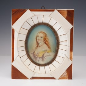 Antique Miniature Portrait of a Young Lady, Bone Frame, Signed