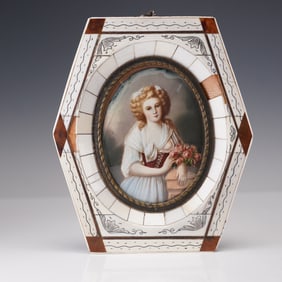 Miniature Portrait of a Lady with Roses, Signed D. Muller in Bone Frame