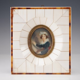Vintage Hand Painted Portrait Miniature Lady in Decorative Bone Frame