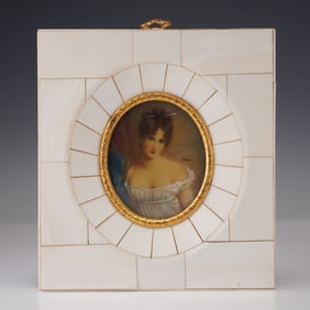 Vintage Hand Painted Portrait Miniature Madame Recamier in Bone Frame