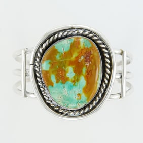 Navajo Sterling Silver Cuff Bracelet with Large Green and Brown Turquoise
