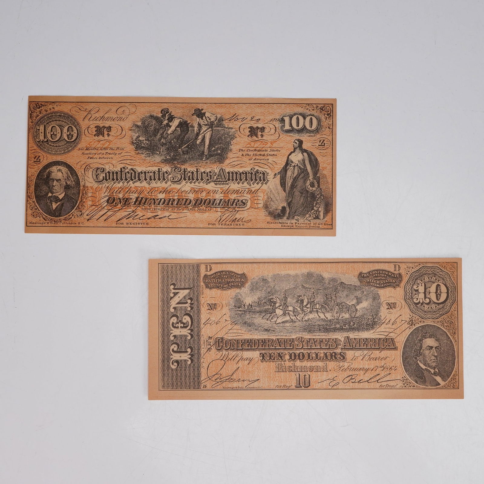 2pc Replica 1860s Confederate States of America $10 and $100 Banknotes (1 of 6)