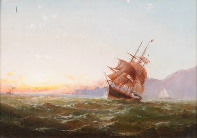 19th c. British Oil on Panel, Clipper Ship at Sunset, Monogram Signed