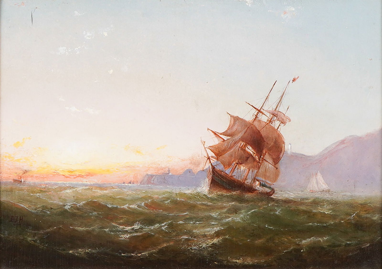 19th c. British Oil on Panel, Clipper Ship at Sunset, Monogram Signed