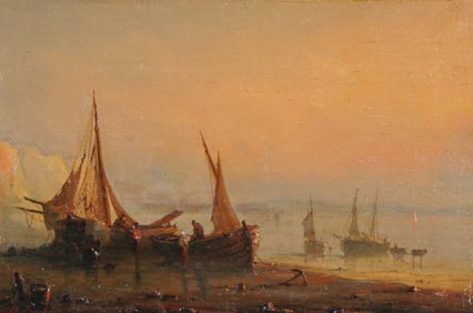 Henriette Herminie Gudin, Oil on Canvas, Fishing Boats on the Shore, Signed