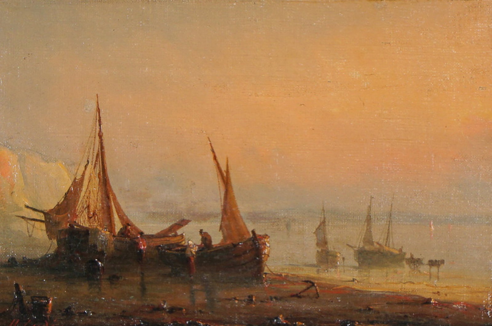 Henriette Herminie Gudin, Oil on Canvas, Fishing Boats on the Shore, Signed: Splendid original oil on canvas painting by Henriette Herminie Gudin, titled Fishing Boats on the Shore. This finely rendered maritime scene captures the tranquil atmosphere of a coastal harbor at sun