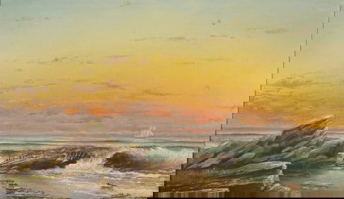 Original Romanticist Oil on Panel, Maritime Shipwreck w/ Distant Schooner