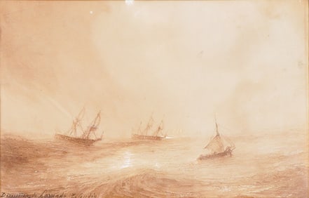 19th c. Original Sepia-Toned Maritime Watercolor on Paper